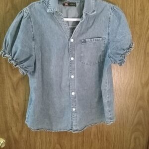 Womens Denim Shirt Short Puff Sleeve Ruffle-edge Kancy Kole Size Xl